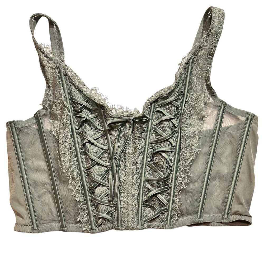 Victoria’s Secret Lace Up Corset Bustier Blue Green Lace Trim Large